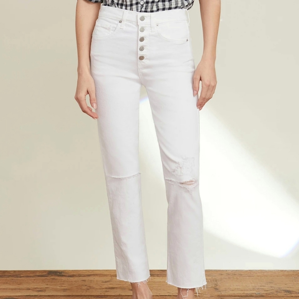 Veronica Beard Ryleigh Slim Straight Jeans Distressed Raw Hem